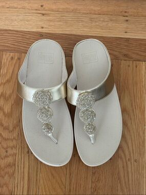 Fitflop Gold Jeweled Thong Sandals with White Footbed